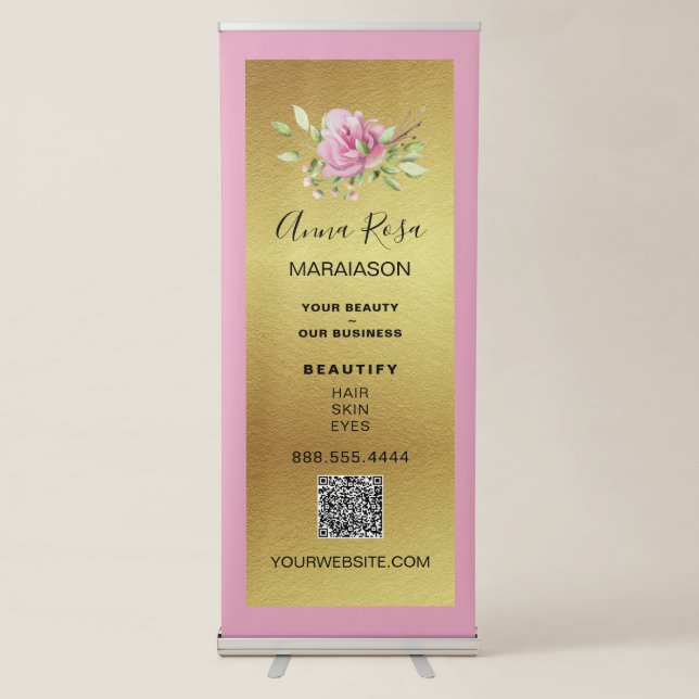 *~* LOGO QR Pink  Gold Foil Store Shop  Expo Retractable Banner (Front)