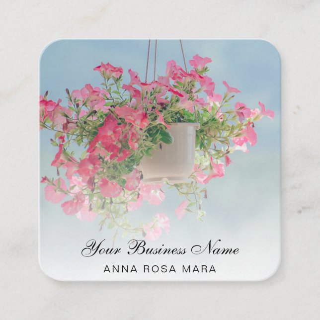*~* Logo QR Rose Floral Flower Hanging Petunia Pot Square Business Card (Front)