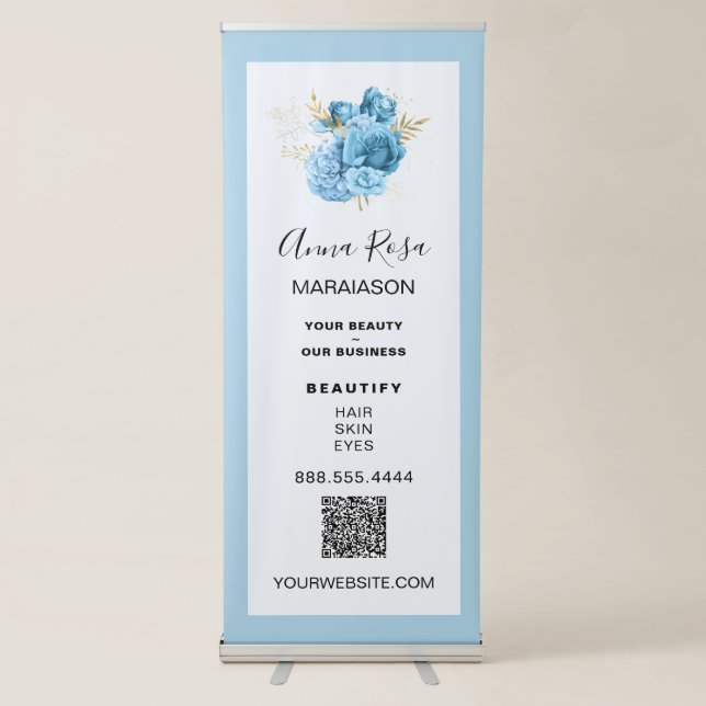 *~* LOGO QR Turquoise Floral Bouquet Store Shop Retractable Banner (Front)