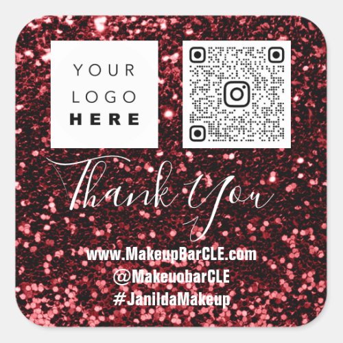 Logo QRCode Name Thank Shopping Glitter Burgundy Square Sticker