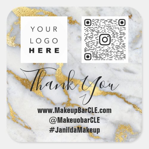 Logo QRCode Name Thank Shopping Gray Marble Gold  Square Sticker