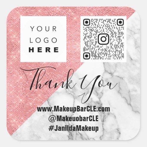 Logo QRCode Name Thank Shopping Marble Gray Pink Square Sticker