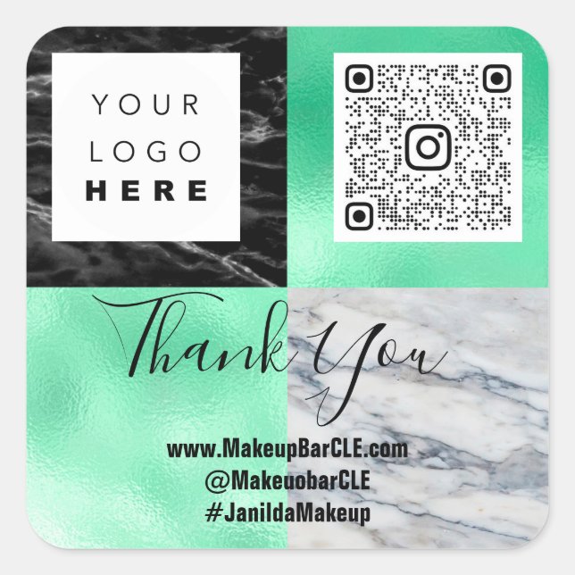 Logo QRCode Name Thank Shopping Marble Green Square Sticker (Front)