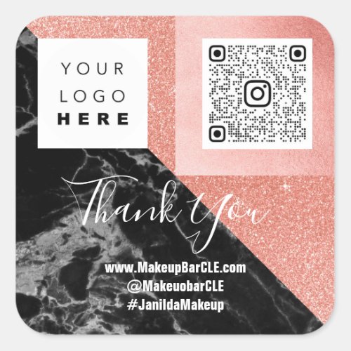 Logo QRCode Name Thank Shopping Marble Pink Square Sticker