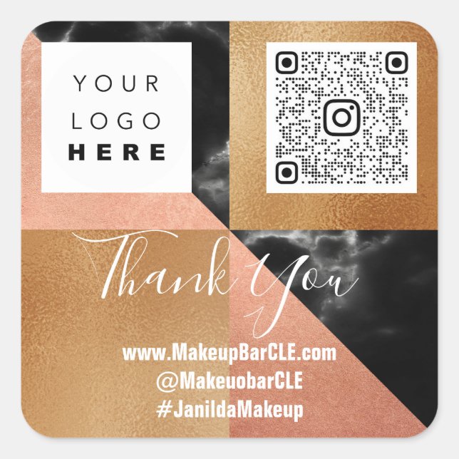 Logo QRCode Name Thank Shopping Marble Rose Square Sticker (Front)