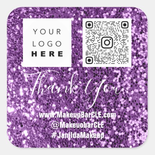 Logo QRCode Name Thank Shopping Purple Glitter Square Sticker