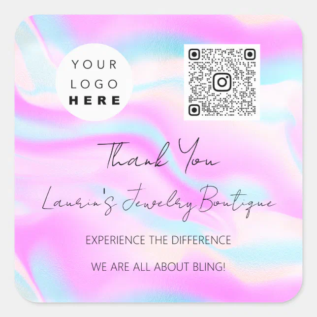 Logo QrCode Online Shop Holographic Pink Blue Square Sticker | Zazzle