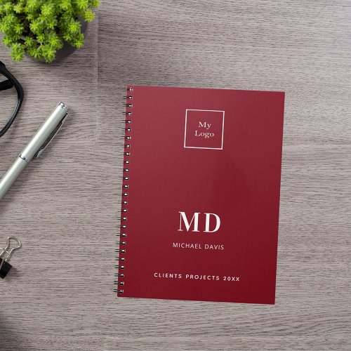 Logo red white monogram initials business notebook