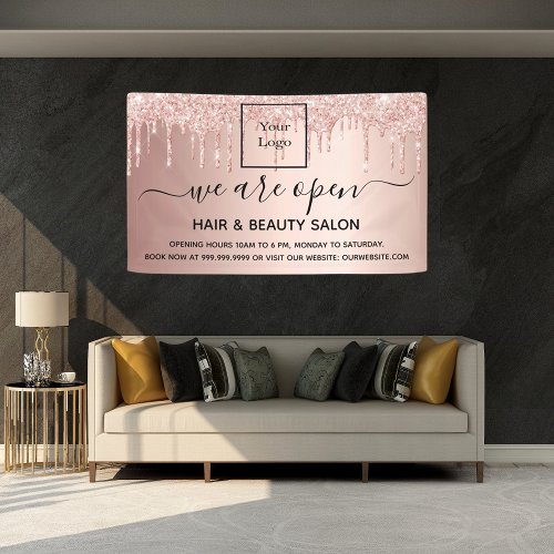 Logo reopening hair beauty salon rose gold glitter banner