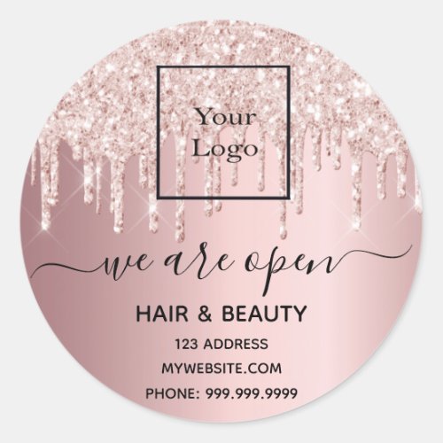 Logo reopening hair beauty salon rose gold glitter classic round sticker