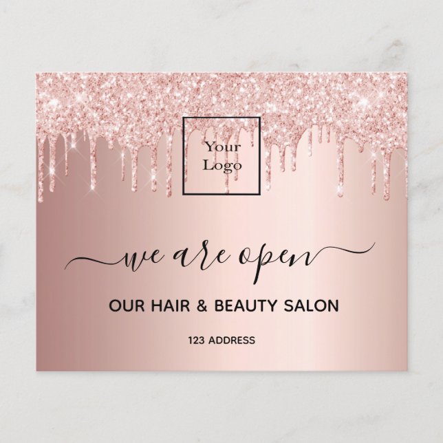 Logo reopening hair beauty salon rose gold glitter flyer (Front)