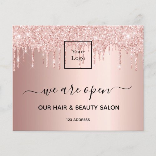 Logo reopening hair beauty salon rose gold glitter flyer