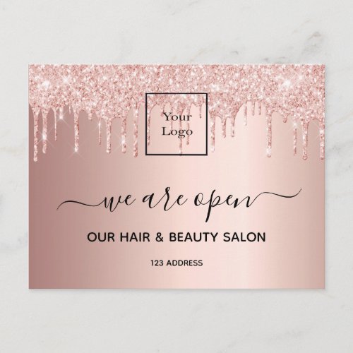 Logo reopening hair beauty salon rose gold glitter postcard