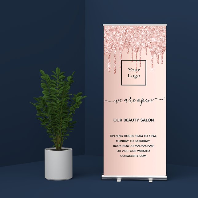 Logo reopening hair beauty salon rose gold glitter retractable banner (Creator Uploaded)