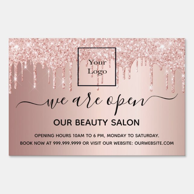 Logo reopening hair beauty salon rose gold glitter sign (Back)
