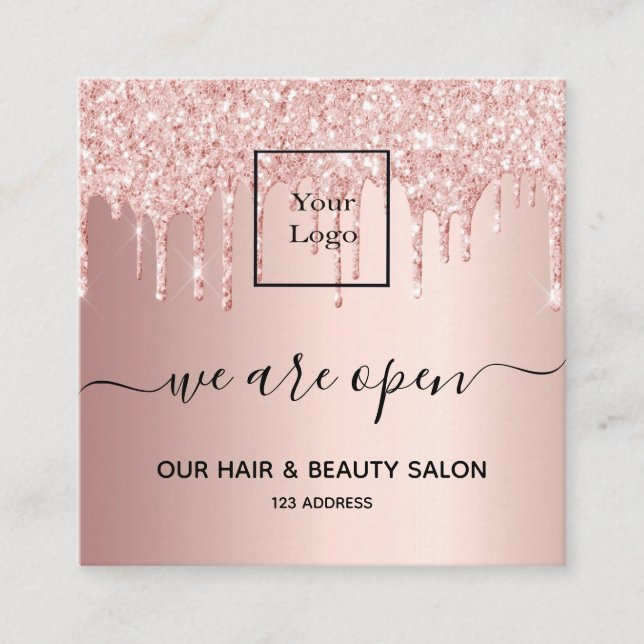 Logo reopening hair beauty salon rose gold glitter square business card (Front)