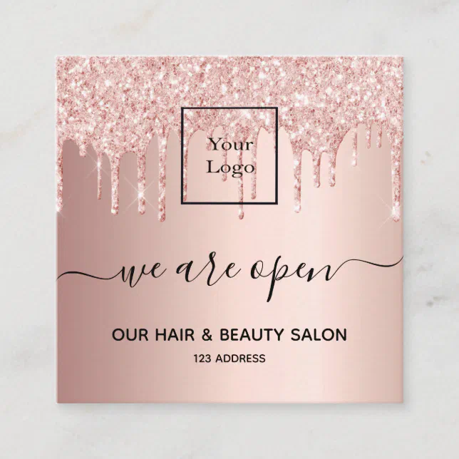 Logo Reopening Hair Beauty Salon Rose Gold Glitter Square Business Card Zazzle 9664