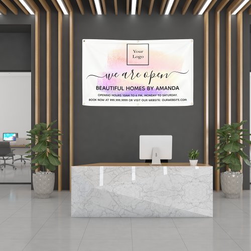 Logo reopening white pastels interior designer banner