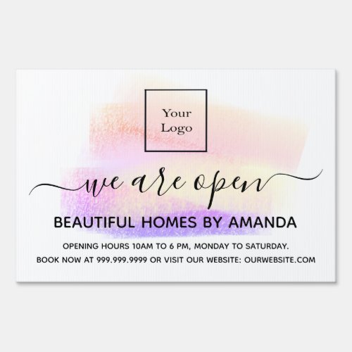 Logo reopening white pastels interior designer sign