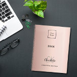 Logo rose gold monogram metal business 2025 planner<br><div class="desc">A rose gold faux metallic looking background. Personalize and add your business logo,  year,  first name,  monogram initials and full name.  Your company logo both on front and on the back.</div>