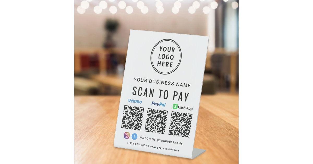Logo Scan to Pay Paypal Venmo CashApp QR Codes Pedestal Sign Zazzle
