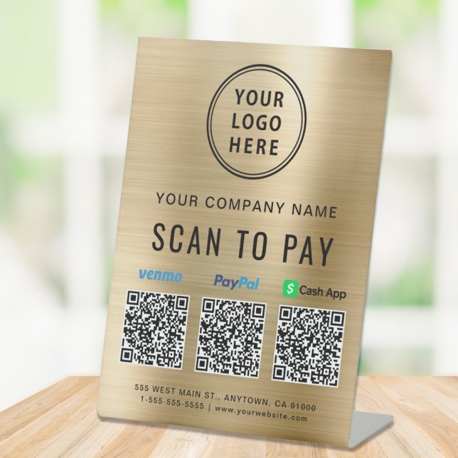 Logo Scan to Pay QR Code Gold Pedestal Sign (Creator Uploaded)