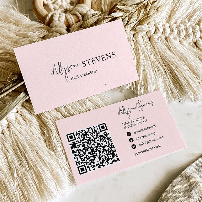 Logo script Blush pink hair makeup qr code Business Card (Creator Uploaded)