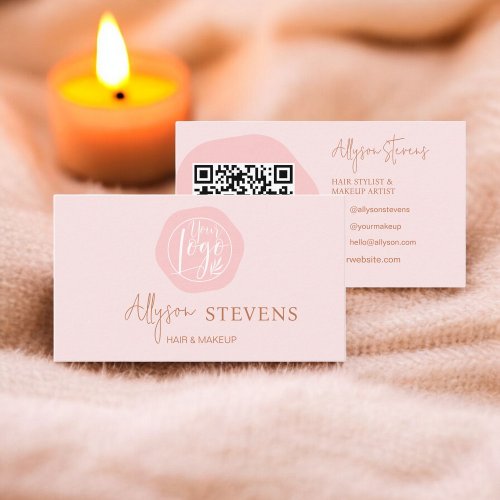 Logo script boho pink hair makeup qr code business card