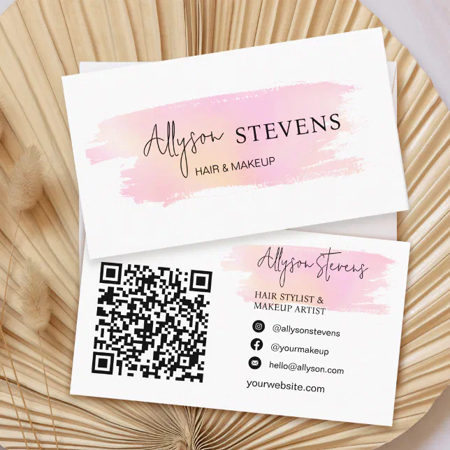 Logo script pink rainbow hair makeup qr code business card | Zazzle