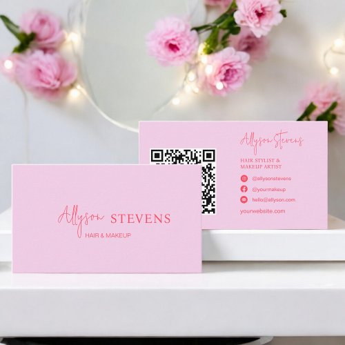 Logo script red pink hair makeup qr code business card