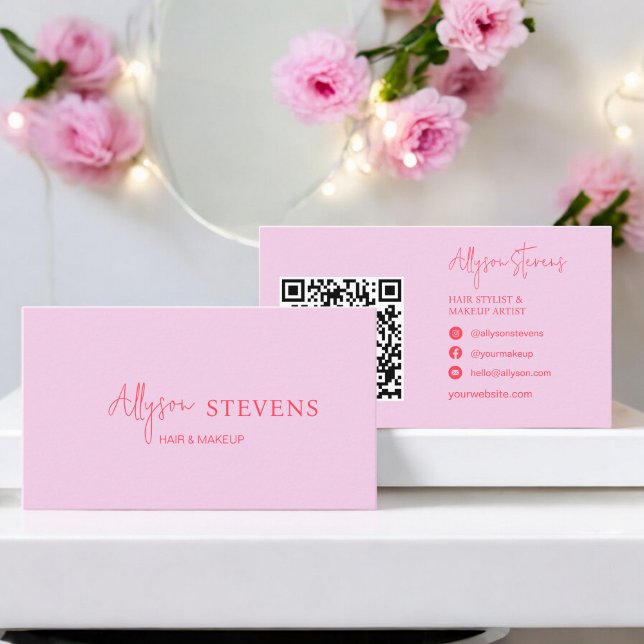 Logo script red pink hair makeup qr code business card (Logo script red pink hair makeup qr code business card)
