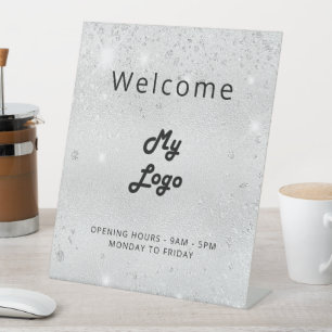 Logo silver glitter welcome business pedestal sign