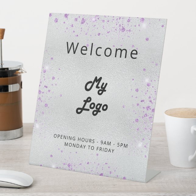 Logo silver lavender welcome business pedestal sign (In SItu)