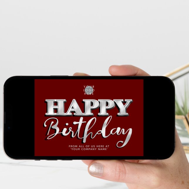 Logo Silver Lettering Burgundy Business Birthday Card (Front Digital)