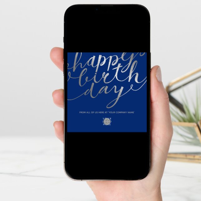 Logo Silver Script Lettering Navy Blue Birthday Card (Front Digital)