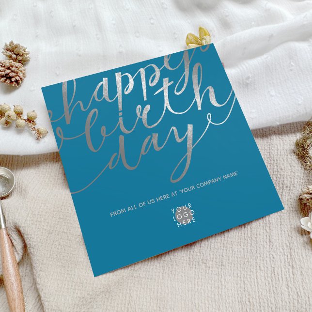 Logo Silver Script Lettering Teal Blue Birthday Card (Creator Uploaded)