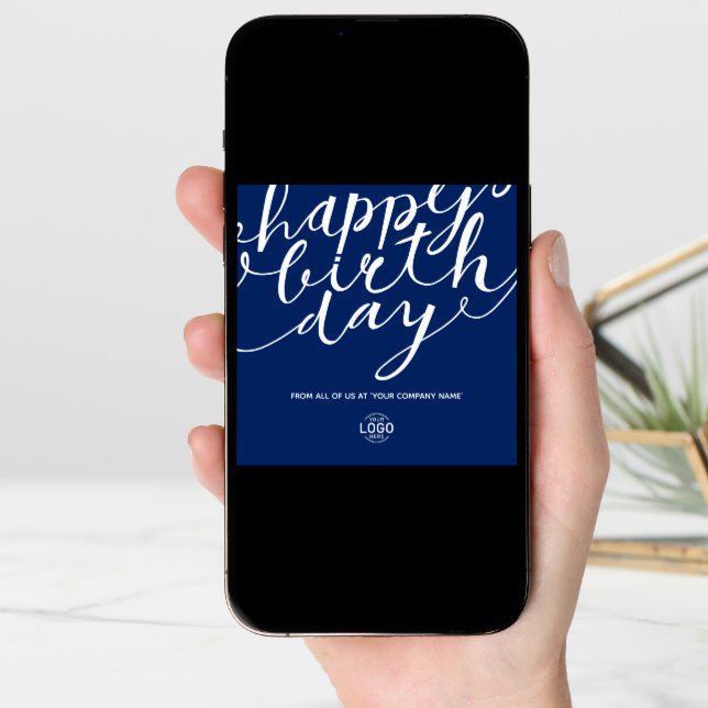 Logo Simple Blue White Script Corporate Birthday Card (Front Digital)