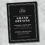 Logo Simple Business Grand Opening Postcard<br><div class="desc">A sleek and minimalist black-and-white invitation designed for a business grand opening, product launch, or brand event. The layout features a black background with white classic serif typography, combining simple and chunky font styles for a clean, professional look. A simple double-line frame adds an elegant touch without overpowering the design....</div>