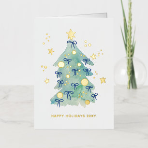 Logo Simple Christmas Tree Blue Ribbons Business Foil Holiday Card