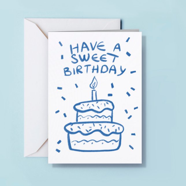 Logo Simple Hand Drawn Cake Blue White Birthday Card (Creator Uploaded)