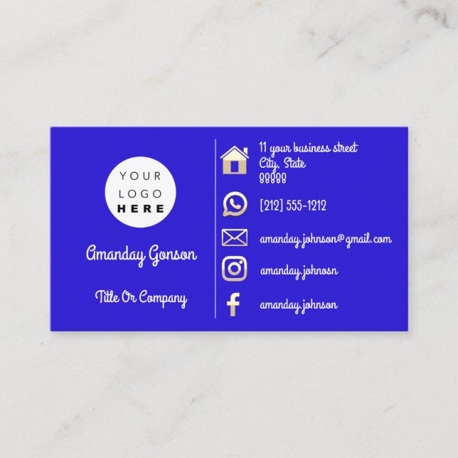  Logo Social Media Gold QR Code Blue Royal Gold Business Card (Front)