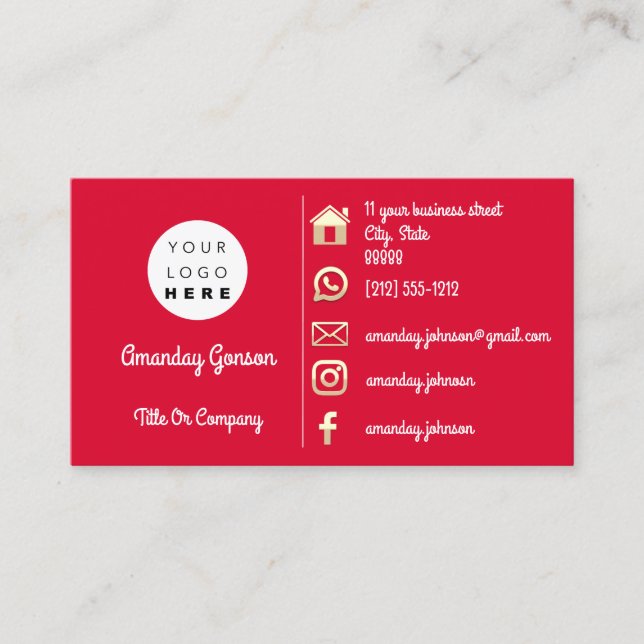  Logo Social Media Gold QR Code Red Gold Business Card (Front)