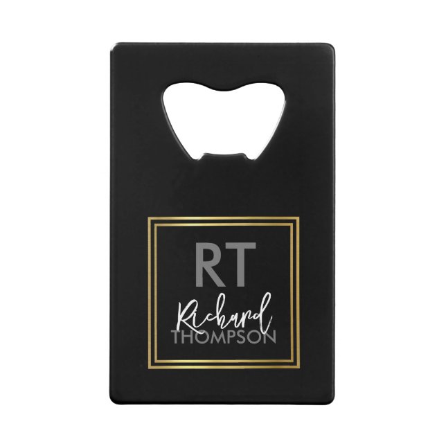 Logo Square Monogram Black Credit Card Bottle Opener (Front)