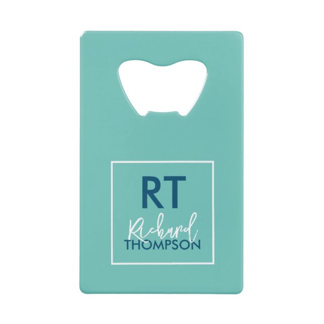 Logo Square Monogram Light Blue Credit Card Bottle Opener (Front)