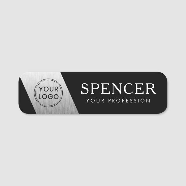 Logo staff employee silver gray gradient black name tag (Front)