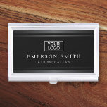 Logo stylish dark gray gradient borders black business card case<br><div class="desc">Elegant,  black and dark gray gradient business card holder with your custom logo,  name and title/company name. White and gray text.</div>
