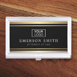 Logo stylish faux golden gradient borders black  business card case<br><div class="desc">Elegant,  black and golden gradient (printed image with a brushed metal effect simulated in the artwork) business card holder with your custom logo,  name and title/company name printed on the front. White and gray text.</div>