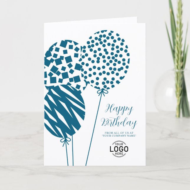 Logo Teal Blue Balloons Corporate Birthday Card (Front)