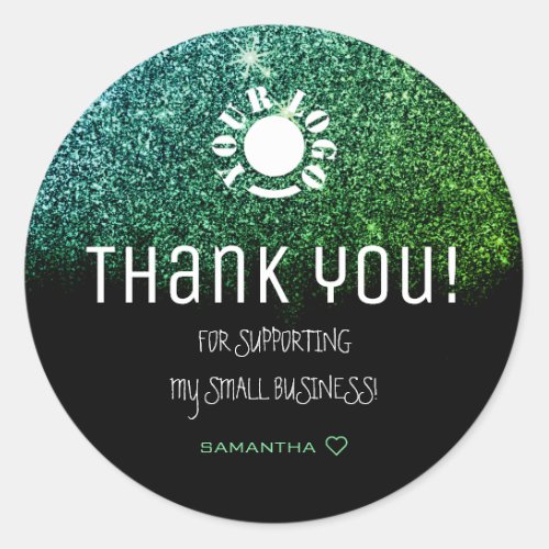 Logo Template Glitter Stars Teal Ombre Thank You Classic Round Sticker