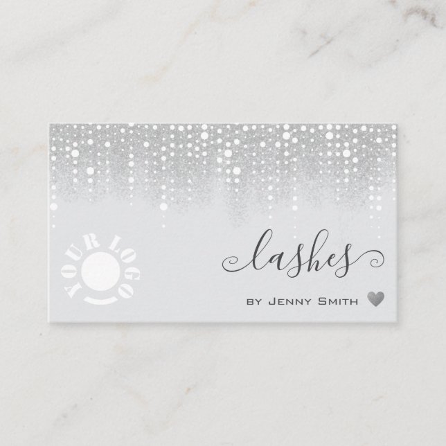 Logo Template Pretty White Silver Glitter Rain Business Card (Front)